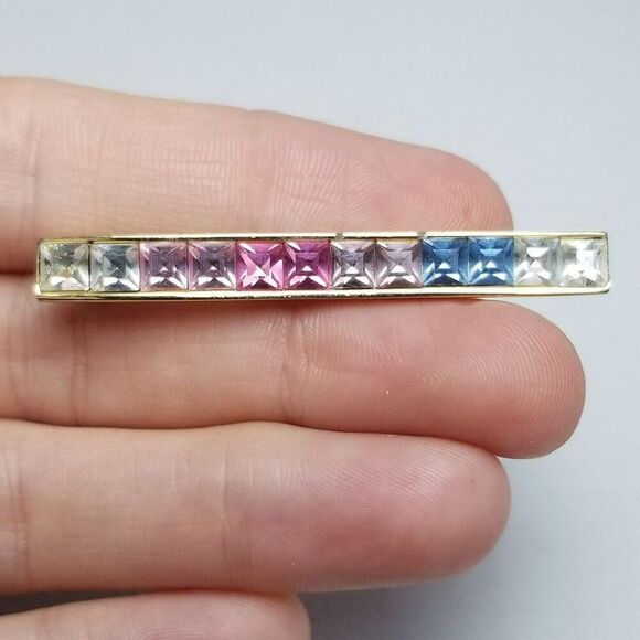 Vintage Givenchy Pastel Pink Blue Rhinestone Bar Brooch, Gold Tone, Signed Estat - Picture 6 of 7
